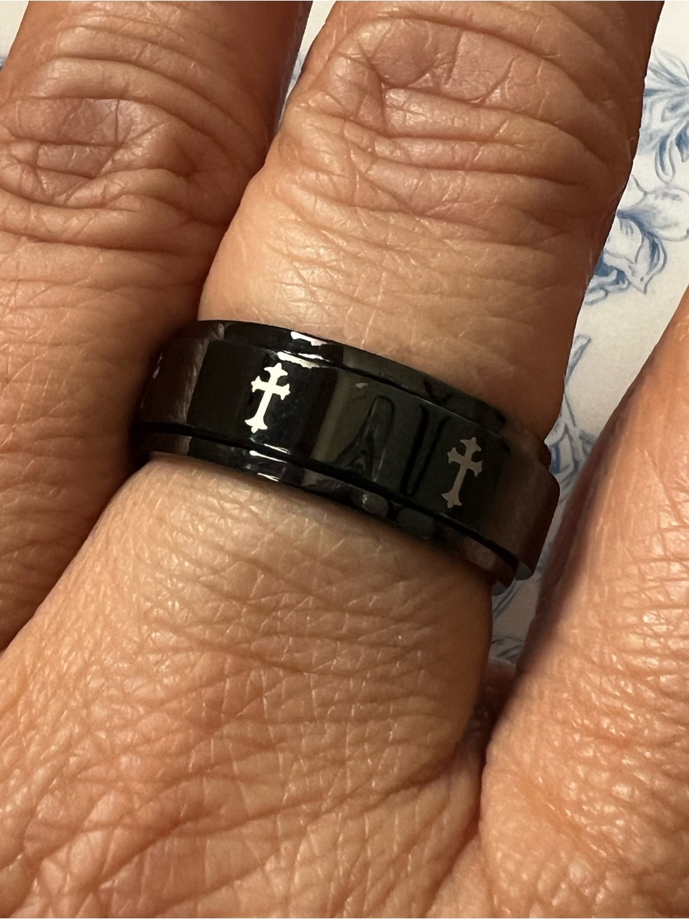 Mens Ring Size 10 Gunmetal Cross Spinner Band Rotating Ring #1016